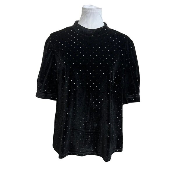 NWT Nanette Lepore Black Velvet Blouse Gold Polka Dots Mockneck Shirt XL NEW - Picture 2 of 16